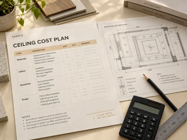 Illustrative ceiling cost plan with materials, labour, quantities and scope beside a drawing and calculator.