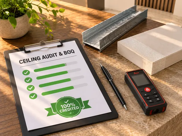 Ceiling audit and BOQ report beside GI framing channels, board samples and a laser meter.