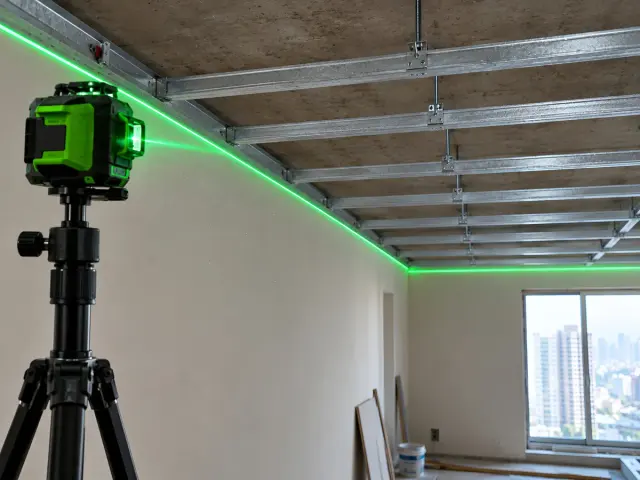 Green laser level surveying a room beneath exposed metal ceiling framing.