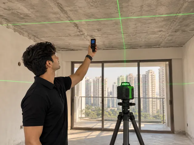 Site engineer measuring an apartment ceiling with a handheld laser meter and laser level.