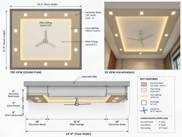 Example ceiling plan with dimensions, a section drawing and a three-dimensional room view.