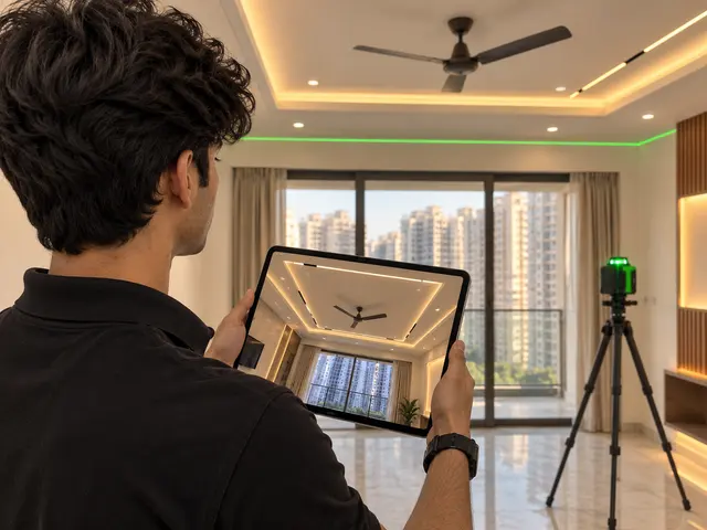 Site engineer reviewing a ceiling and lighting layout on a tablet inside an apartment.