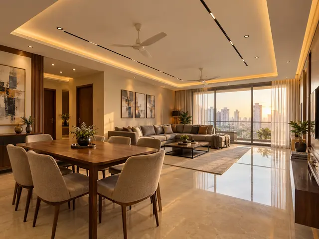 Living and dining room with a peripheral cove, recessed linear ceiling lights and a concealed curtain pelmet.