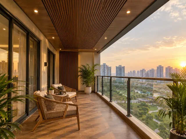 High-rise balcony with a wood-finish louver ceiling, recessed downlights and city views.