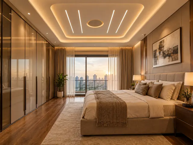 Master bedroom with a floating curved ceiling tray, warm cove lighting and a flush band above the wardrobe.