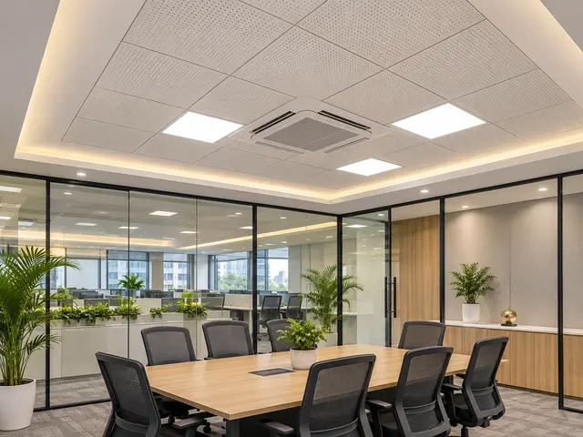 Office meeting room with a perforated modular grid ceiling, cassette AC and illuminated gypsum perimeter.