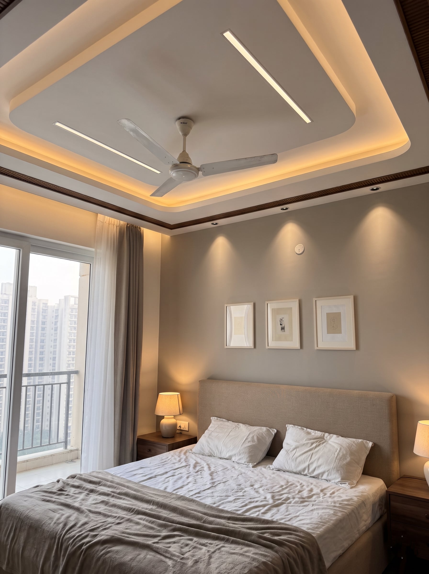 Bedroom with a layered false ceiling, warm cove lighting, recessed linear lights and downlights.