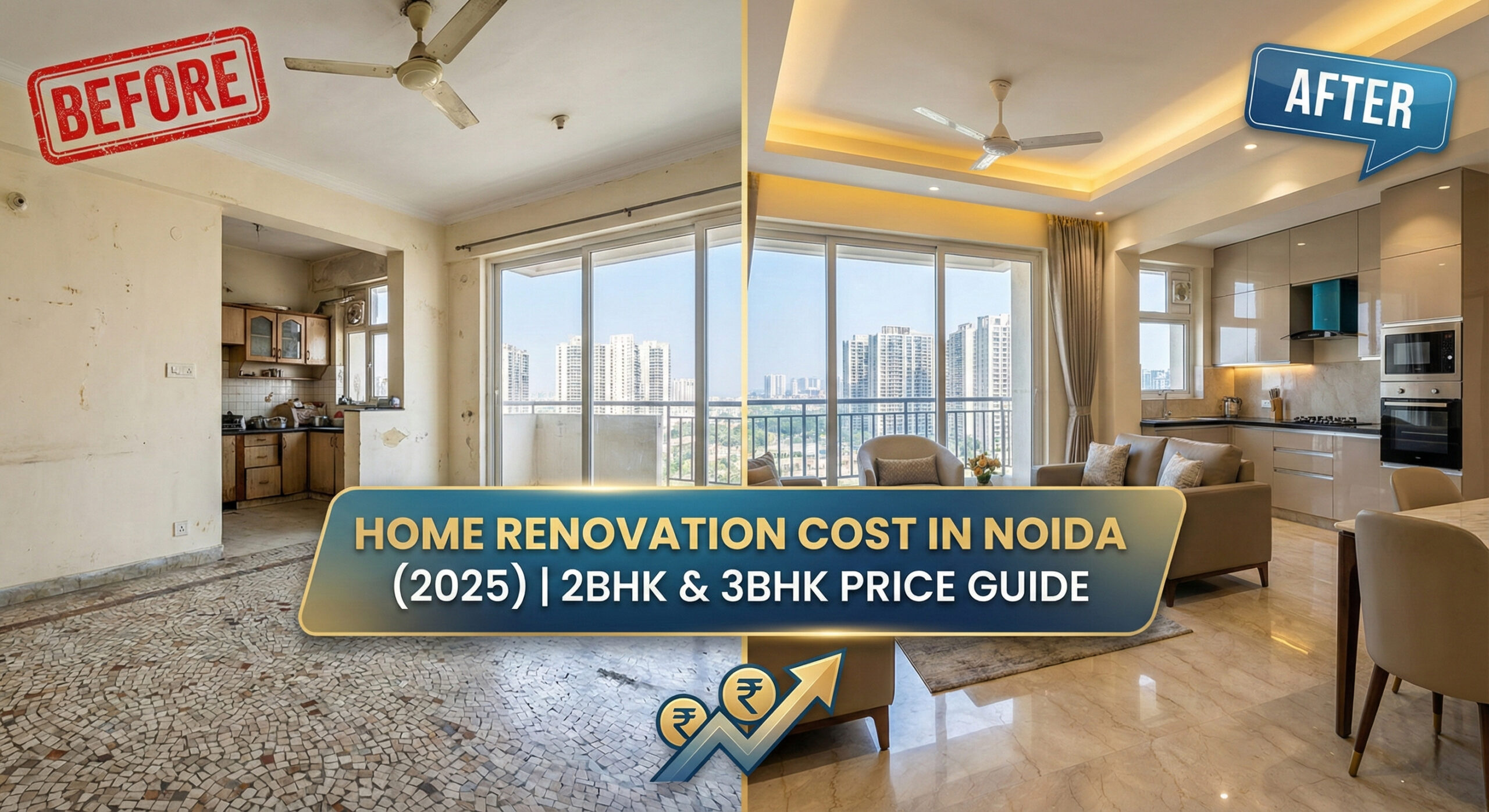 Before and after home renovation in Noida showing cost breakdown for 2BHK and 3BHK flats 2025