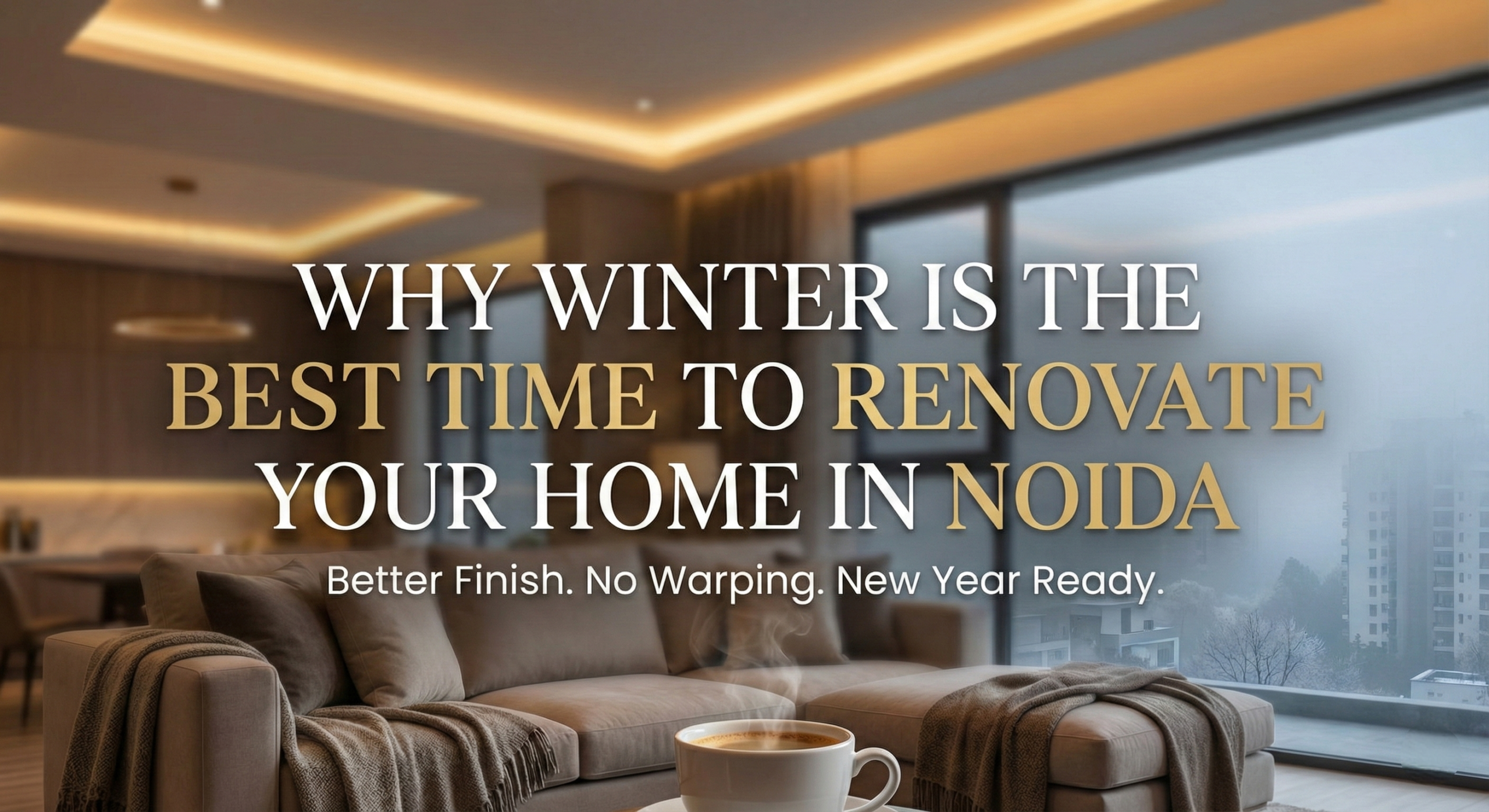 Before and after comparison of a home renovation in Noida. Left side shows an unrenovated room with a winter heater; right side shows a modern luxury living room with warm cove lighting. Text overlay reads: Winter Home Renovation in Noida (2025-26) | Why Now is the Best Time.