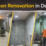 Professional salon renovation in Delhi showing the transformation from a raw construction site in Kalkaji Mandir to a luxury interior with LED gypsum ceilings.